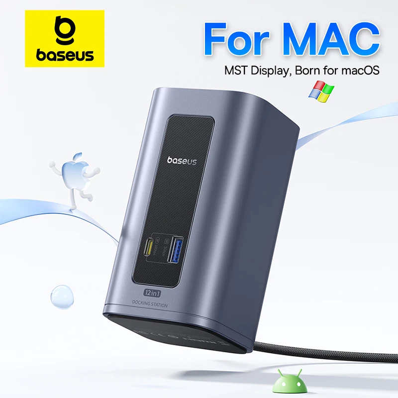 Baseus USB C HUB for Mac 12-in-1 DisplayPort HDMI 4K@60Hz MST Display for macOS Windows Docking Station USB 3.2 RJ45 PD 100W Hub