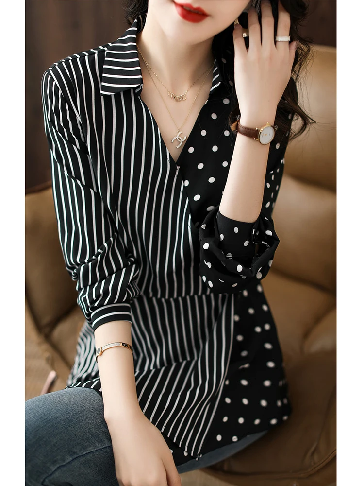 

QOERLIN V Neck Black Blouse Tops Women Elegant Printed Shirts Office Ladies Turn-Down Collar Shirt Half Sleeve Women Blouse