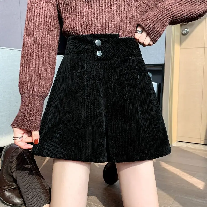 Women's Clothing Solid Straight Autumn Winter Thin Fashion Femme Buttons Wide Leg Pants Casual 2023 New Casual Pocket Shorts