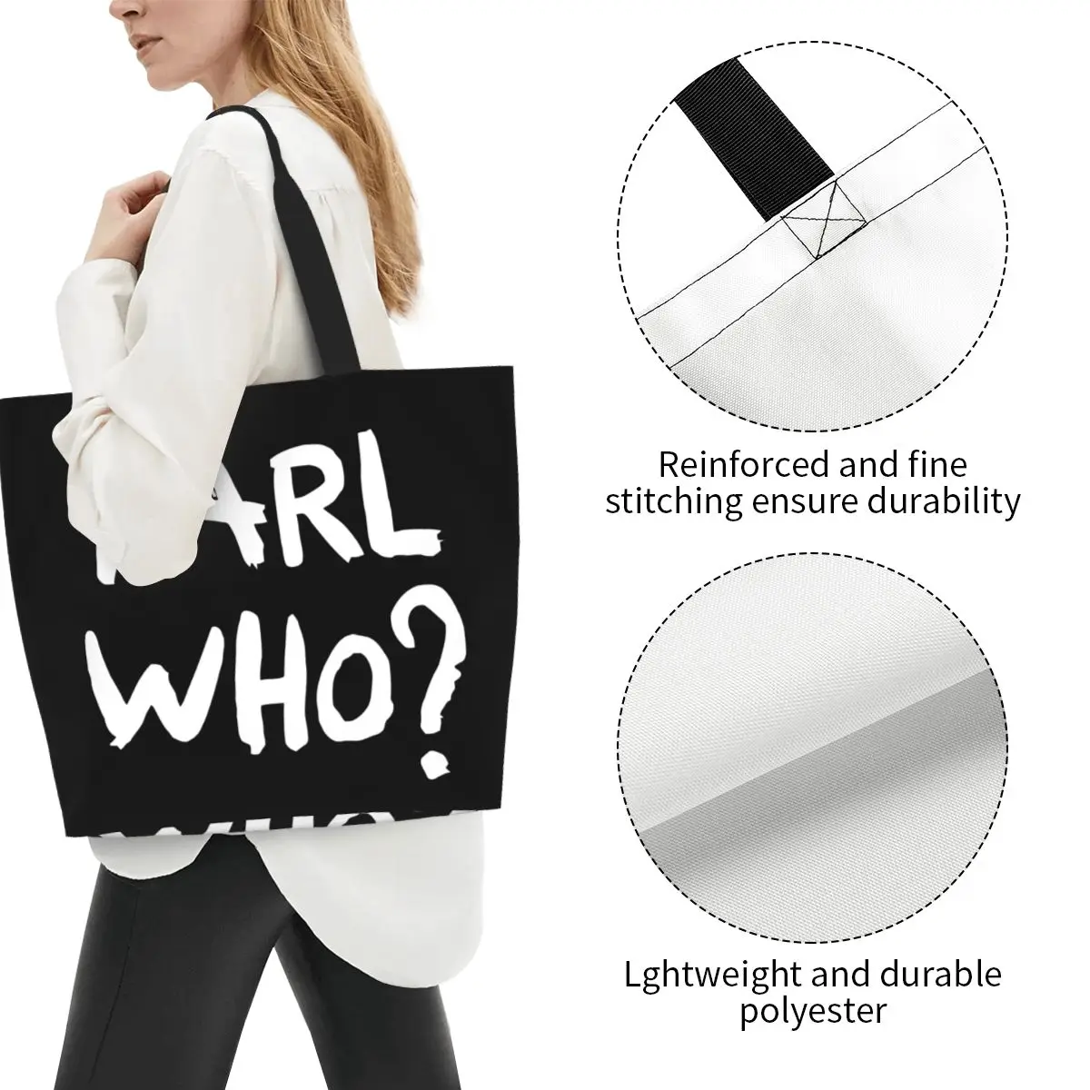Kawaii Karl Who Slogan Shopping Tote Bags Reusable Canvas Groceries Shopper Shoulder Bag