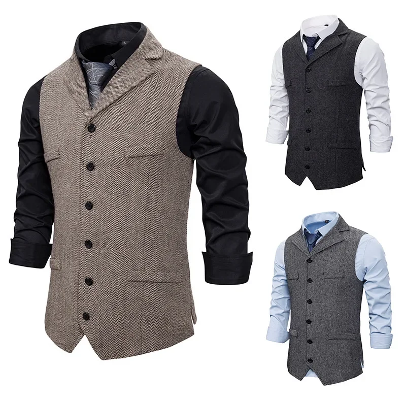 Men Single-breasted Lapel Sleeveless Suit Vest Casual Dress Vests