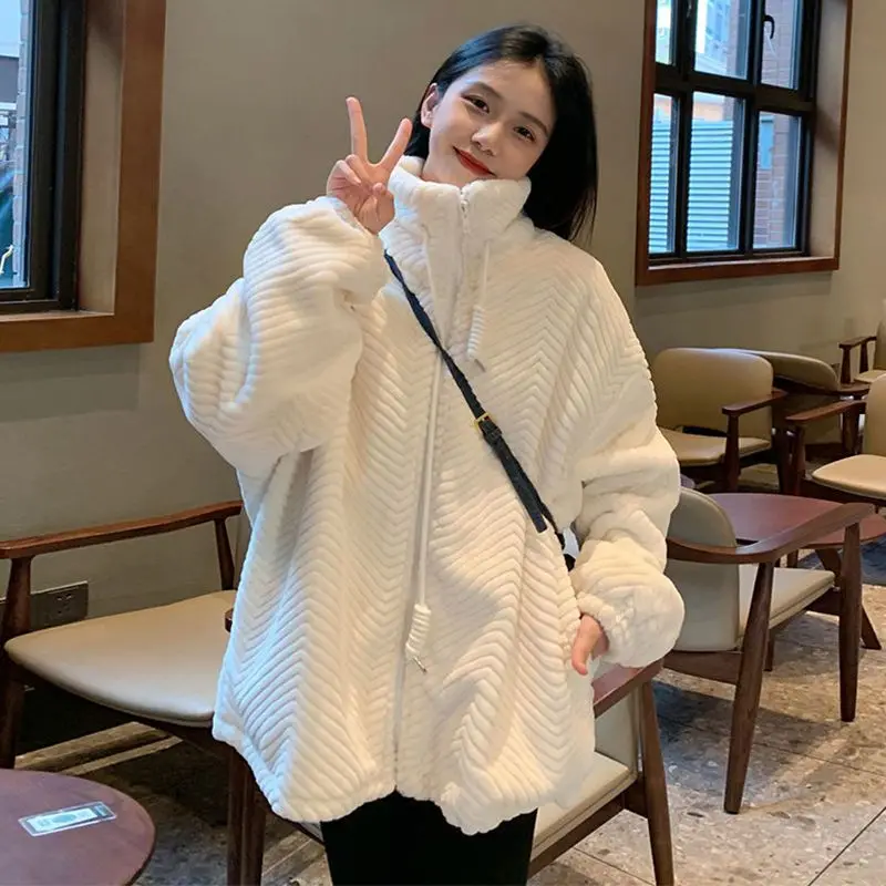

Fashion Solid Color Women's Winter Jacket Faux Fur Coat Korean Version Loose Simplicity Stand-up Collar Women's Clothing Coat