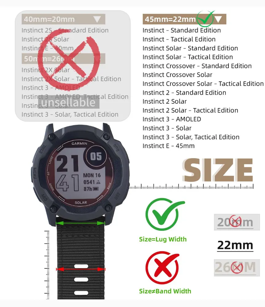 Rugged Nylon Replacement Strap for Garmin Instinct Watch - 22mm Band