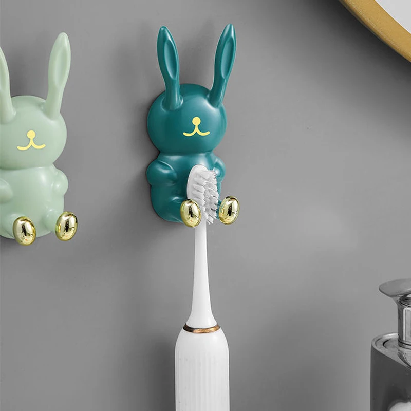 Cute Rabbit Toothbrush Holder Punch-free Toothbrush Shelving Strong Adhesive Wall Hook Multifunctional Power Plug Holder Hanger