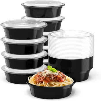 Conteneur de préparation de repas rond jetable de 24OZ, 10 paquets, avec couvercles, boîte à Bento, boîte à déjeuner pour adulte, coffre-fort pour micro-ondes et congélateur 1