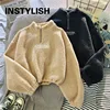 Women Stand Neck Fleece Cropped Hoodies Autumn Letter Embroidery Long Sleeve Drawstring Sweatshirt Elegant Plush Velvet Tops 3