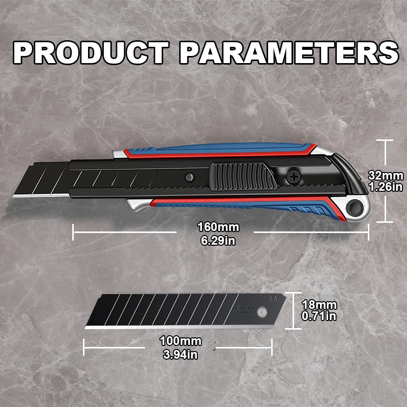 알루미늄 손잡이가 있는 헤비듀티 유틸리티 나이프 - 블랙 SK5 블레이드, 18mm 블레이드 호환, 전문적인 절단을 위한 눈부심 방지 마감 처리