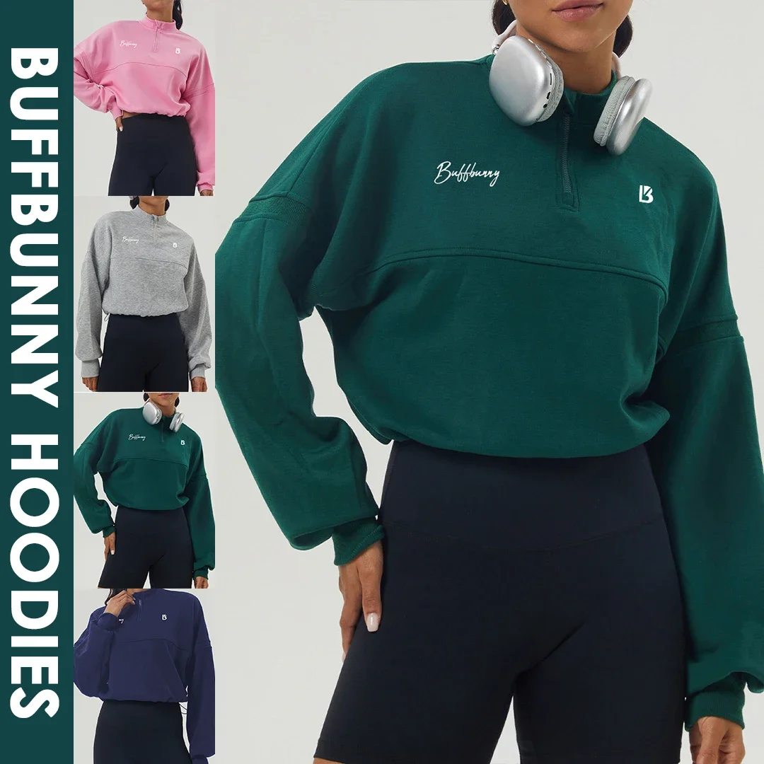 Bunny Hoodies Half Zip Swearshirt Winter Fashion Clothing Zipper Crop Top Women Yoga Wear Sport Exercise Pullover
