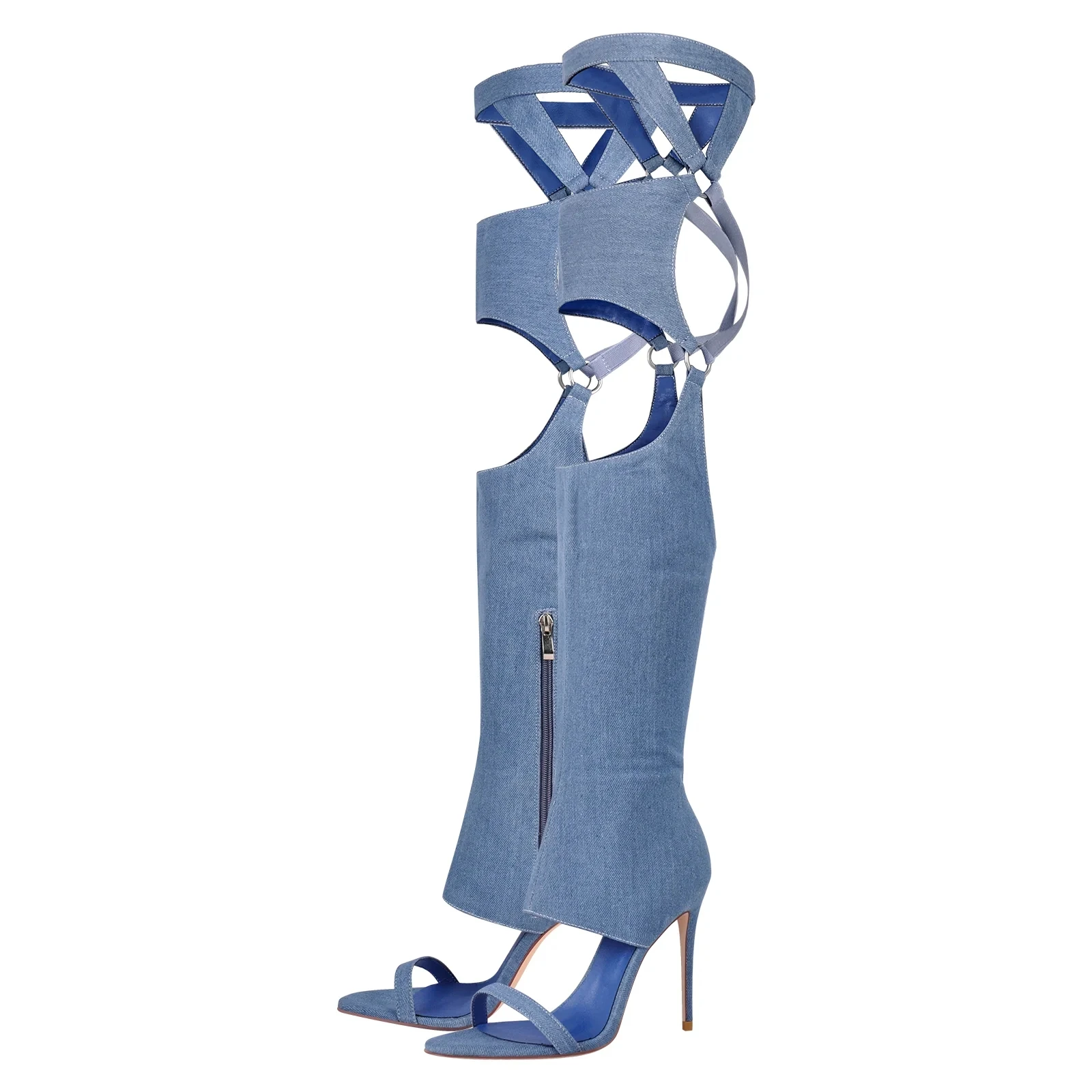

Fashion Denim Blue Over The Knee Boots Sexy Thin Heels Tight High Boots Women Jeans Peep Toe Gladiator Sandal Boots