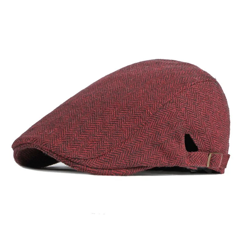 Newsboy Cap Men Winter Wool Thick Warm Vintage Herringbone Casual Stripe Berets Gatsby Flat Hat Peaked Cap old style Adjustable