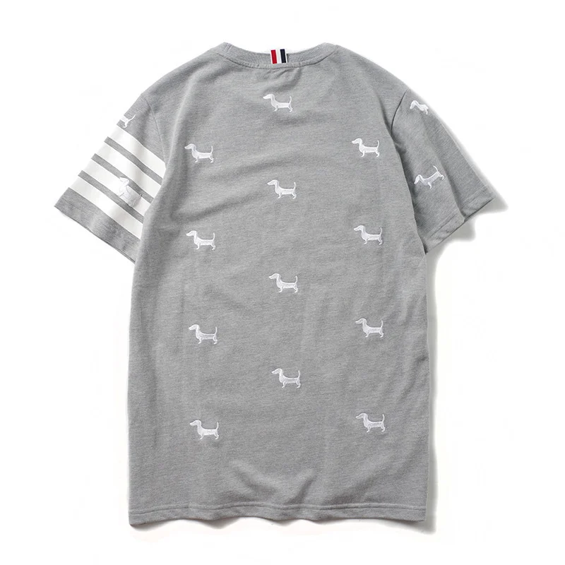

Summer T-Shirt Short Sleeve Men Top Casual Cotton Embroidery Dog High Quality TB Stiped Soft Korean Design Couple Wear