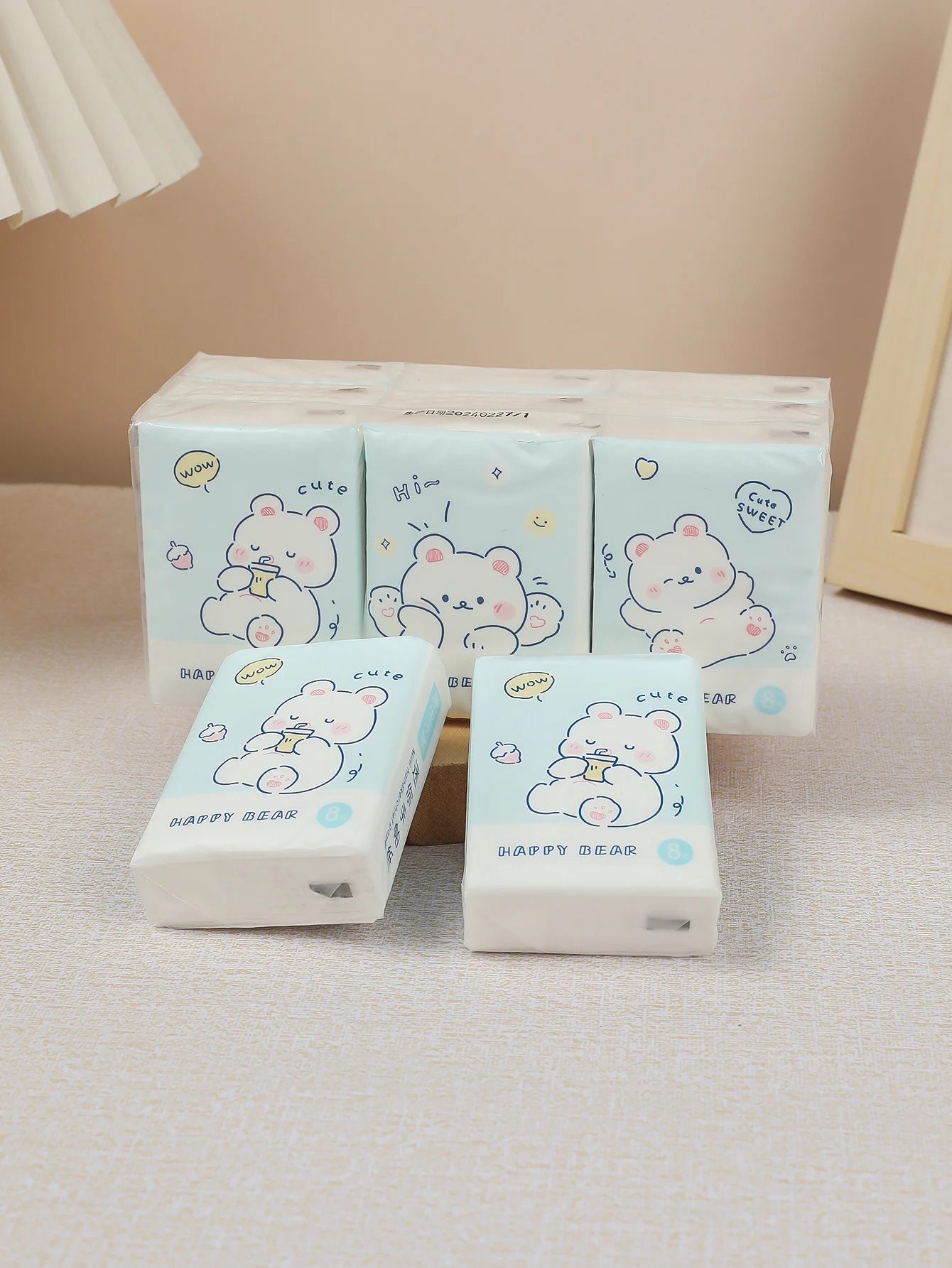 9/paquet de serviettes en papier de poche en pâte de bois originales, design ours mignon, dessin animé coloré, pour le nettoyage quotidien