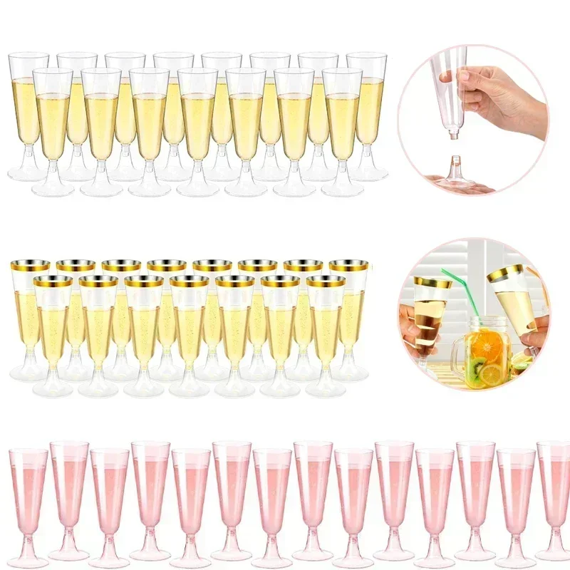 25pcs 150ml Plastic Champagne Flutes Disposable Sparkling Bar Cups Clear Pink Toasting Cup for Weddings Cocktail Event Bar Use