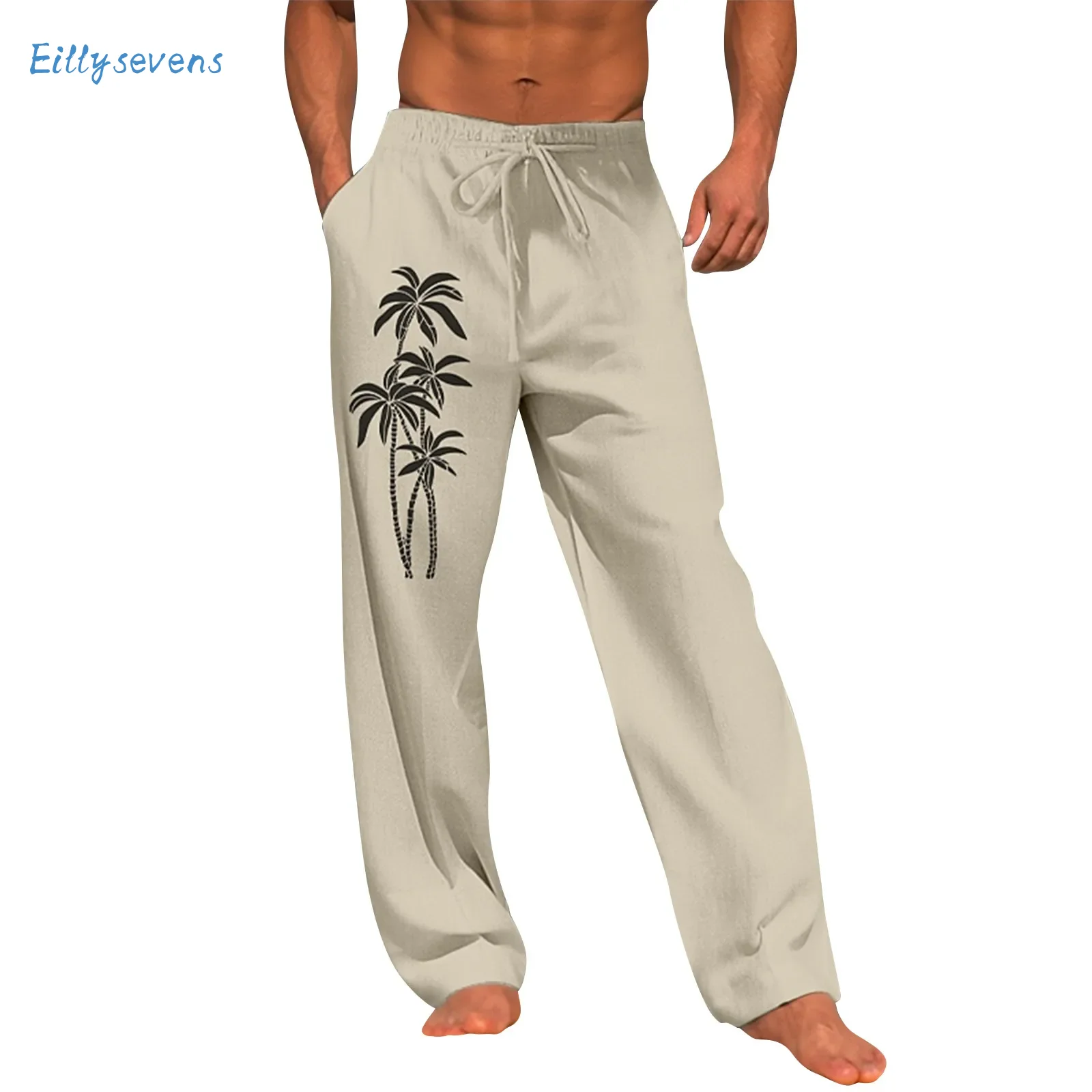 

Men'S Casual Loose Trousers Comfortable Cool Cotton Linen Simple Hawaiian Themed Print Pants Drawstring Wide Leg Trousers