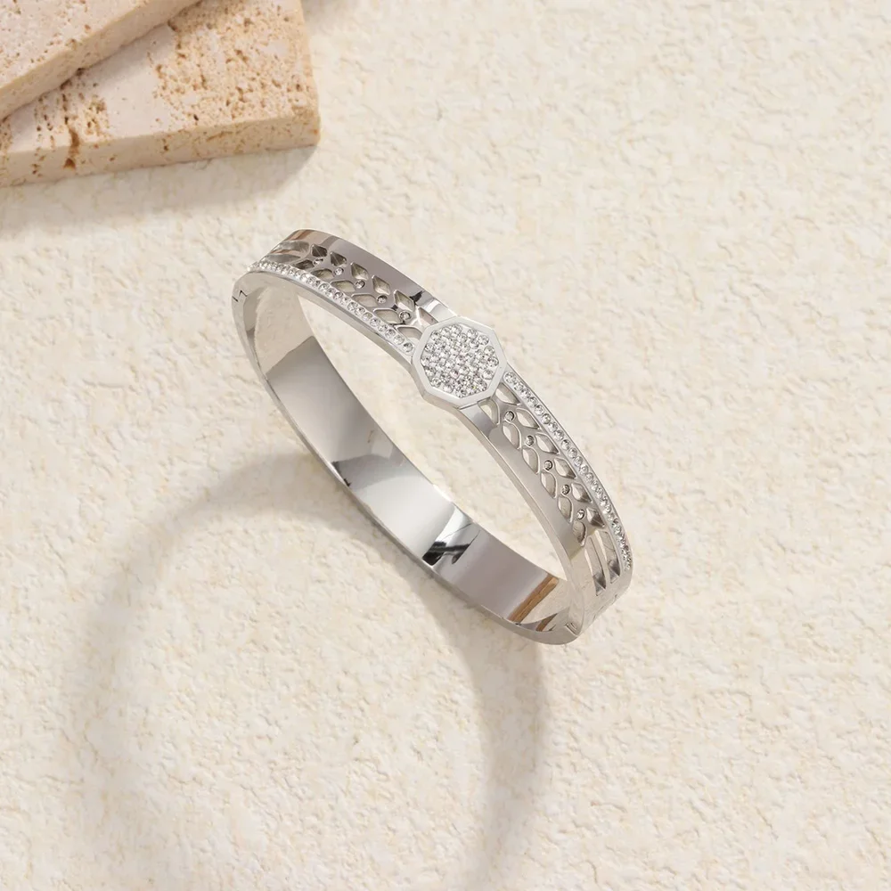Personality Octagon Bangles For Men Stainless Steel Hollow Out Leaf Bracelets Fashion Cuff Accessories Christmas Gifts Wholesale 3