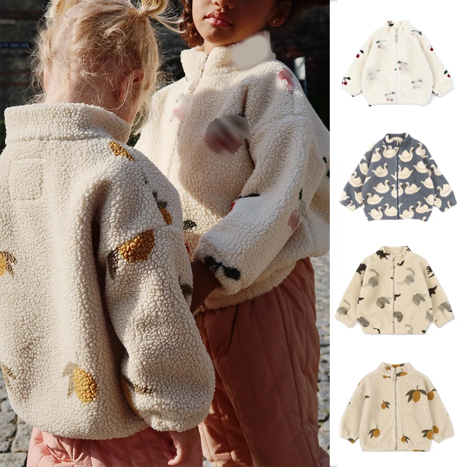 24 New KS Boys Girls Fleece Coat Swan Lemon Dinosaur Cherry Jacket Thickened Kids Winter Coat Girls Outfit girls winter coat