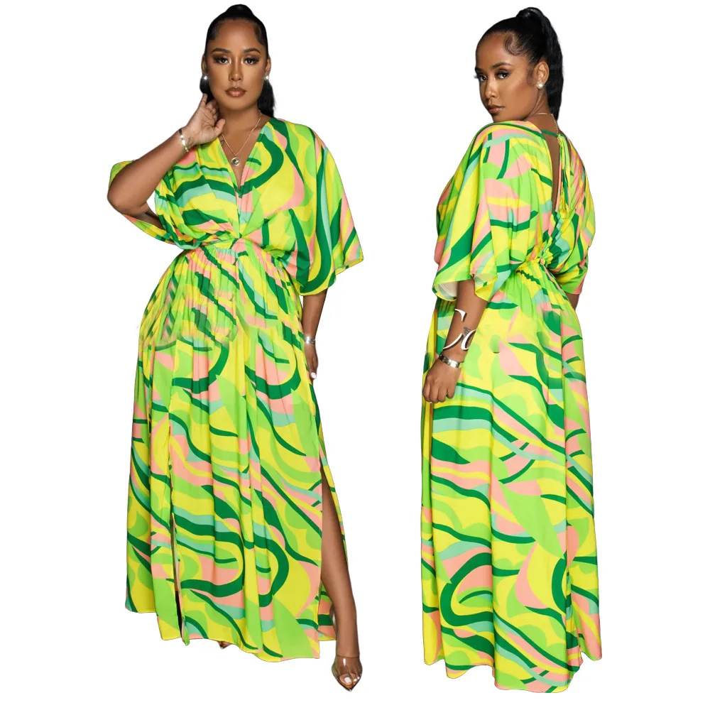 

Printing Leisure Ladies Dress Stripes Printing Women Casual Holidays Dress Half Sleeves Loose Slim Waist Gowns Real Pictures