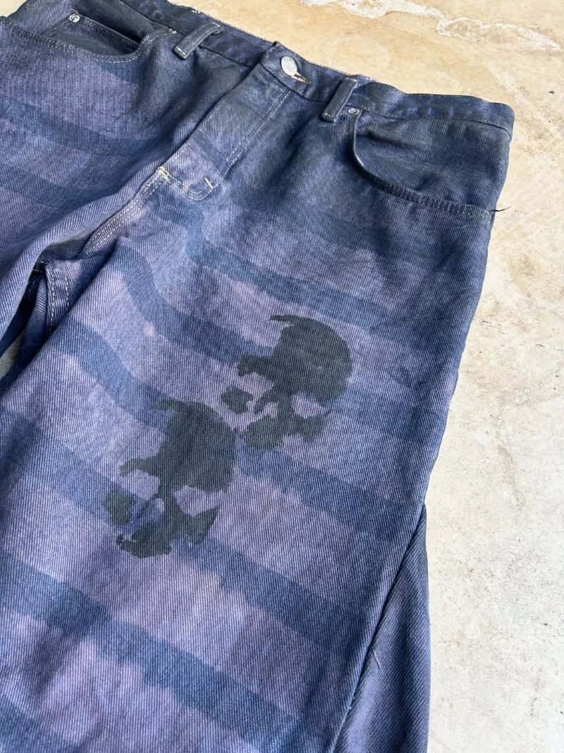 Striped Tie-Dye Denim Pants Skull Print Ripped Distressed Detail Frayed Hem Vintage Washed Streetwear Casual Men Jeans