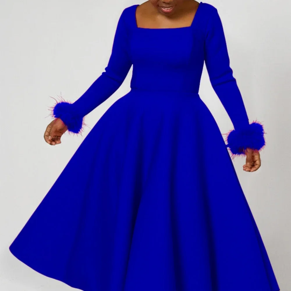 Elegant African Party Dresses for Women Autumn Africa Long Sleeve Square Collar Solid Color Midi Dress Dashiki African Clothing sweet bowknot square collar summer maternity dress ruffled puff sleeve pregnant woman a line dress solid color pregnancy dresses