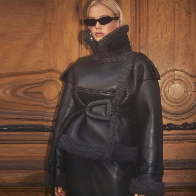 Vintage Patchwork Leather Sheepskin Coat Women Fashion Lapel Lace Up Long Sleeve Thick Warm Jacket Winter New Thick Streetwear