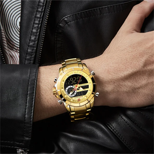 NAVIFORCE Luxury Original Men Sports Wrist Watch Gold Quartz Steel Waterproof Dual Display Clock Watches Relogio Masculino 9163 6