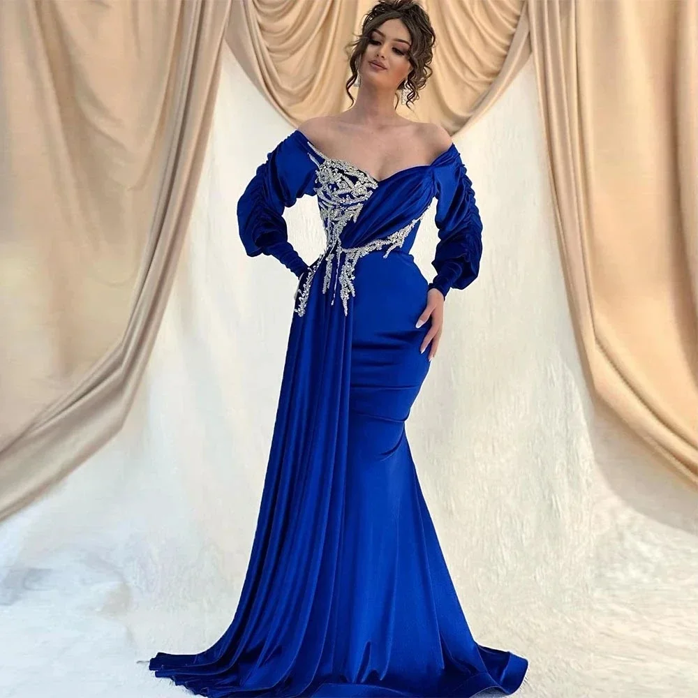 

2024 Elegant Formal Saudi Evening Dresses Royal Blue Mermaid V-Neck Off Shoulder Long Sleeves Appliques Beaded Arab Prom Dresses