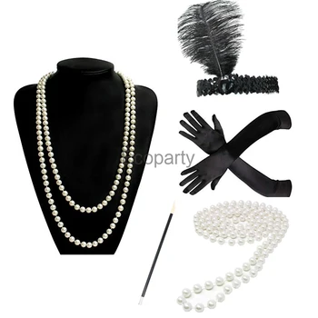 1920s Great Gatsby Costume Accessories Set Vintage 20s Flapper Headband Imitation Pearl Necklace Cigarette Holder Charleston Set