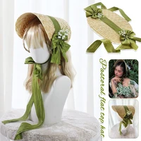 Women Victorian Wedding Tea Party Bonnet Handmade Lolita Retro Green Flower Bow Beach Sun Straw Weaving Hat French Pastoral Cap 1