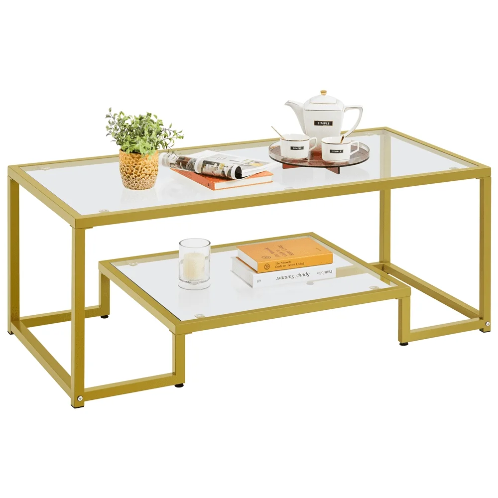 

SMILE MART 2-tire Modern Tempered Glass Coffee Table with Metal Frame for Living Room, Gold