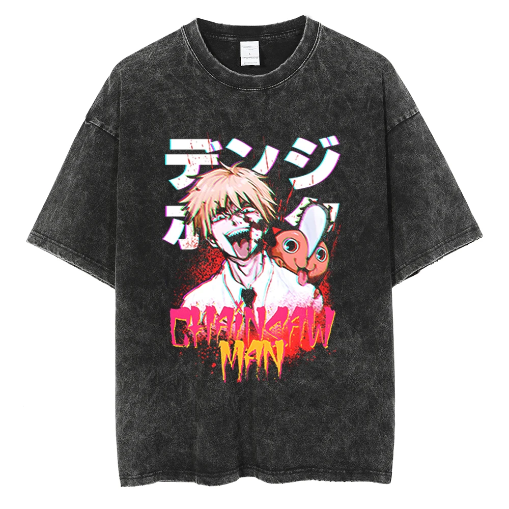 

Streetwear Vintage T Shirt Men Hip Hop Japanese Anime Chainsaw Man Print Washed T-Shirt Cotton Tshirt Summer Short Sleeve Tops