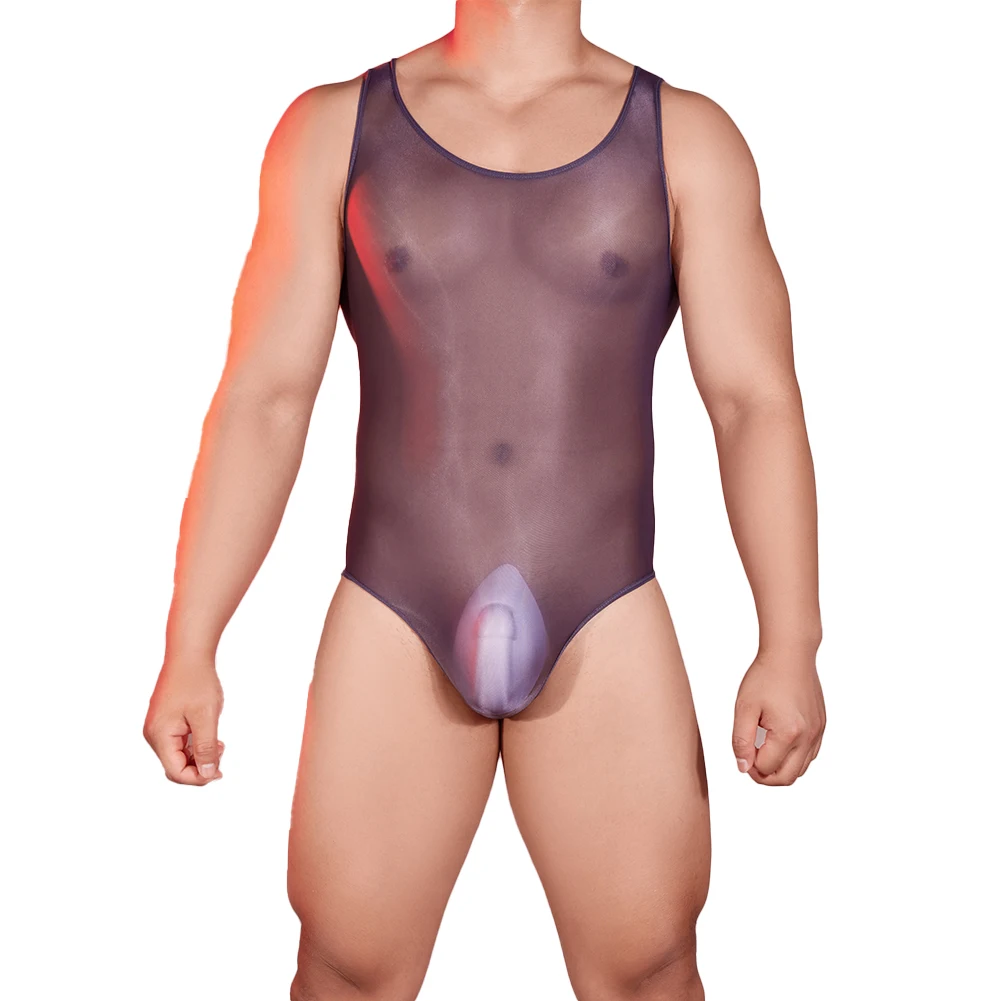 Sheer Mesh Sexy Bodysuit Oil Glossy See Through Stretchy Jumpsuits Men Erotic Tights Slimming Transparent Seductive Nightwear