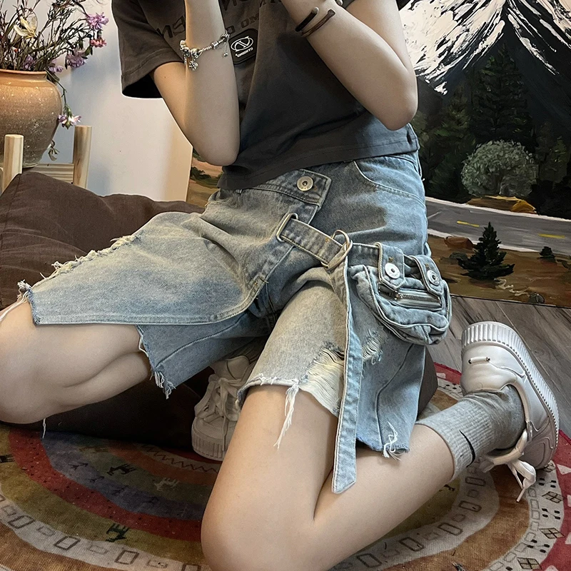 Vintage Irregular Ripped Bermuda Jeans Shorts Women High Street High Waist Wide Leg Hollow Out Denim Shorts Trendy Y2K 2024 New