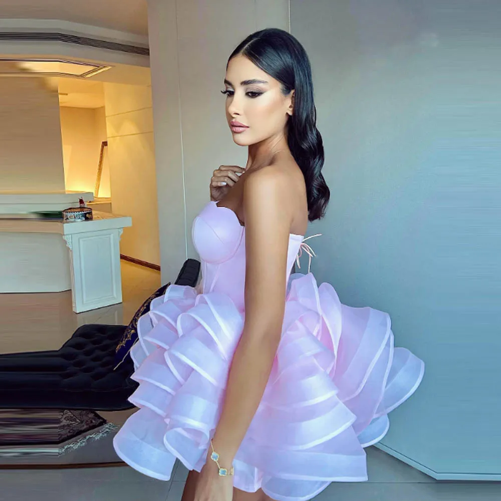 Baby Pink Organza Cocktail Party Dresses Ruffles Sweetheart Layered Women Prom Dress Extra Puffy Yong Girls Birthday Gowns