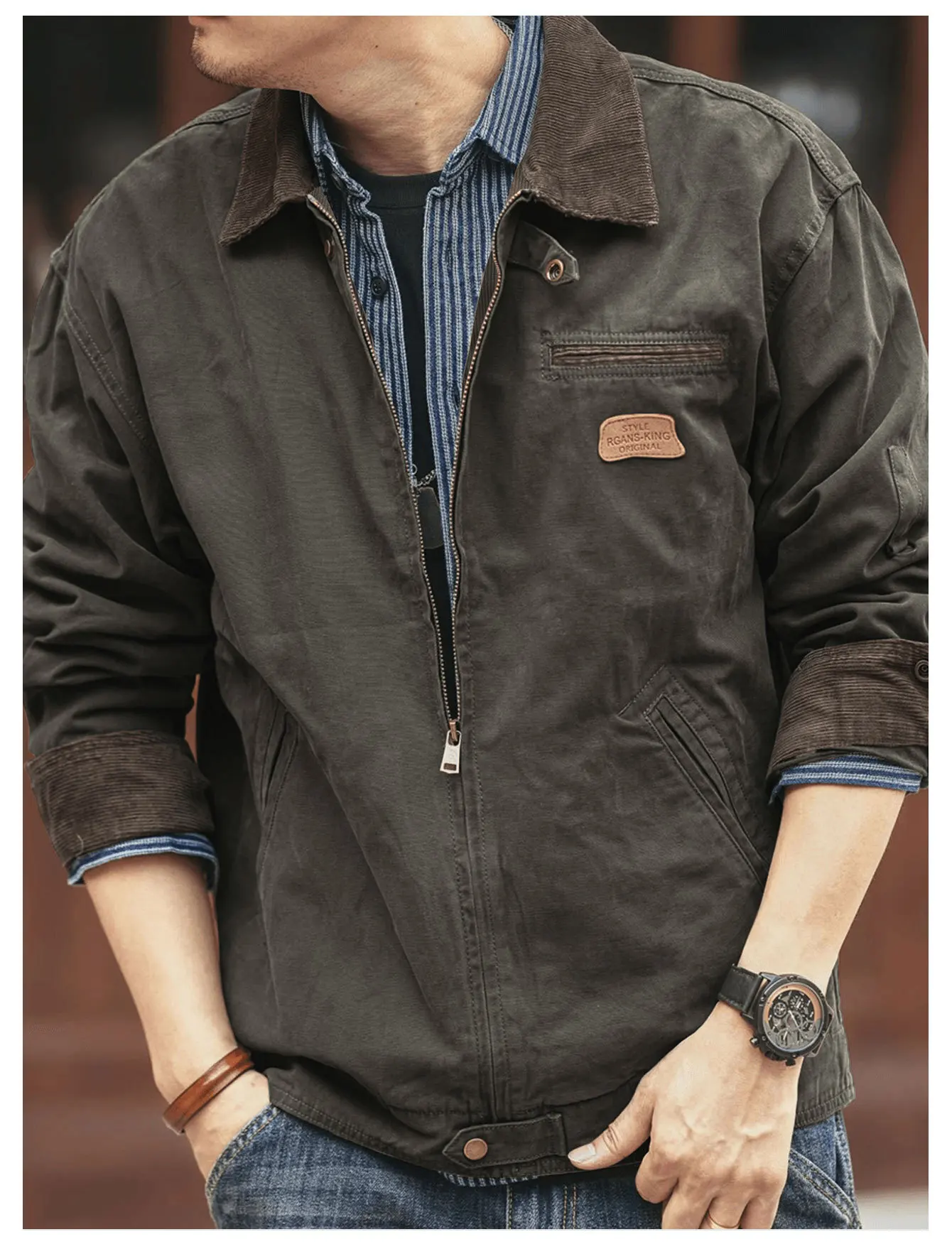 Brown canvas jacket fabric detail