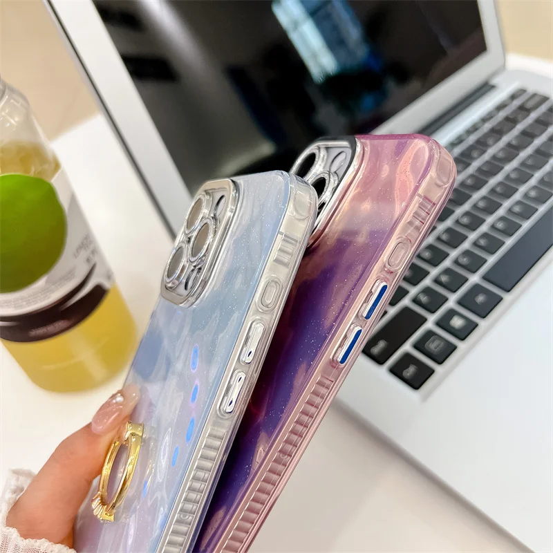 Étui de téléphone pliable avec anneau en aluminium pour iPhone 16 Plus 15 14 13 Pro Max, protection de caméra à paillettes, coque arrière rigide antichoc en PC_voghion.com