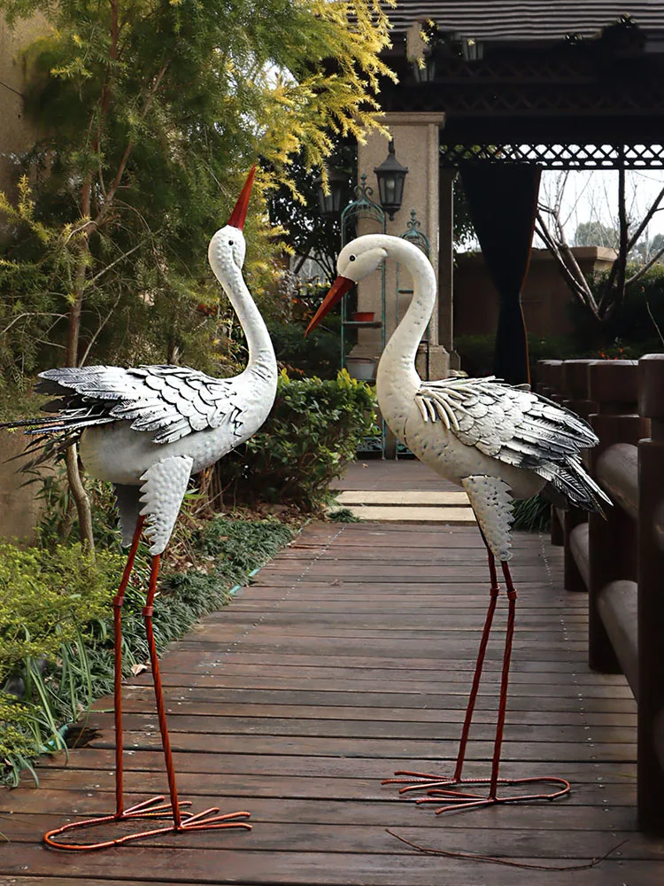 Outdoor Yard Garden Decor Statues Iron Art Red-crowned Crane Gardening Exterior Accessorie Decor Country House Animal Customized