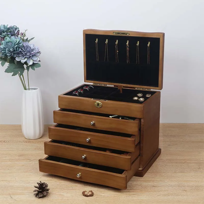 Five Layer Drawer Type Wooden Jewelry Box Ring Necklace Bracelet Women Storage Box Accessories Display Rack Capacity Storage Box