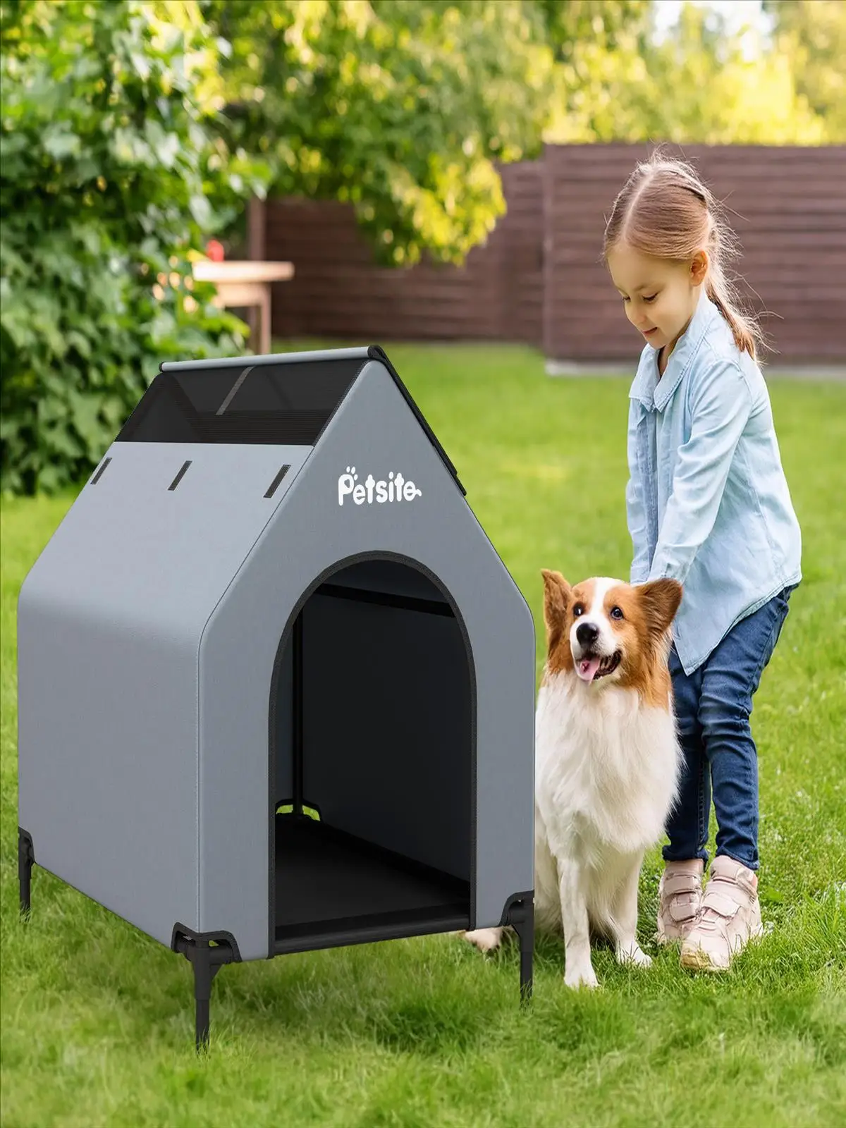 2-in-1-Hundehütte und erhöhtes Hundebett, Hundebett im Freien, Haustierhaus mit atmungsaktivem Netzstoff und abnehmbarem Bezug, Hundehütte – Detail 1