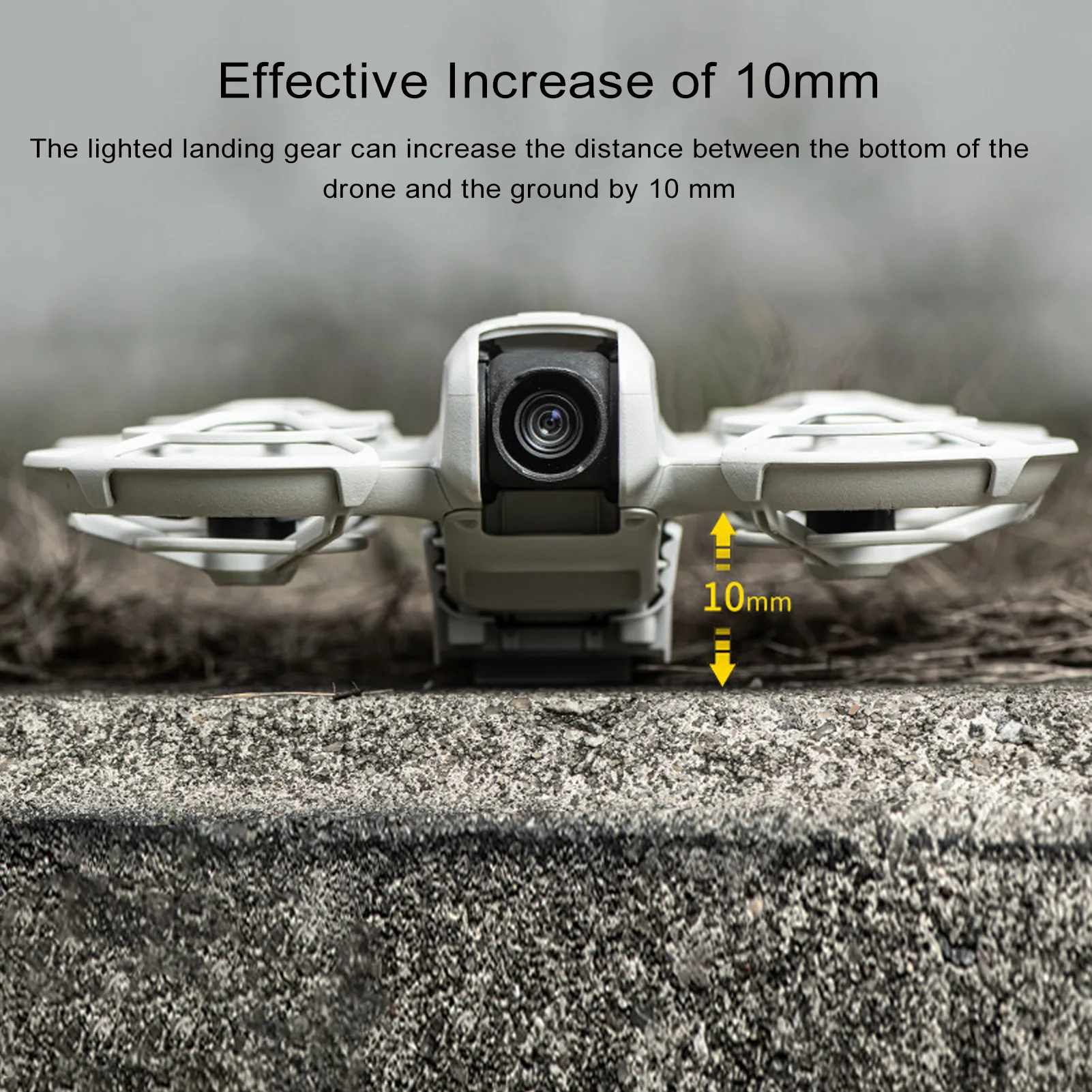 Vue rapprochée du train d'atterrissage lumineux pour drone Neo, montrant les LED et le support de batterie.