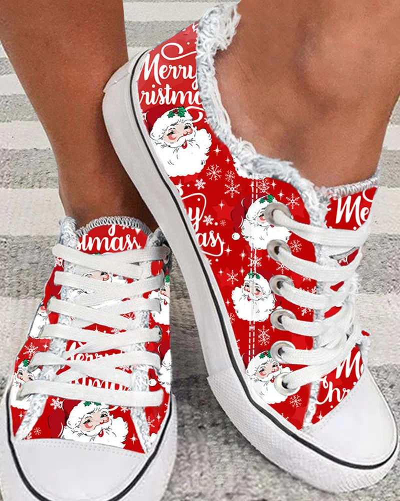 

Women's Shoes Round Toe Fashion Flat Merry Christmas Berry Hatted Santa Claus Print Raw Hem Sneakers