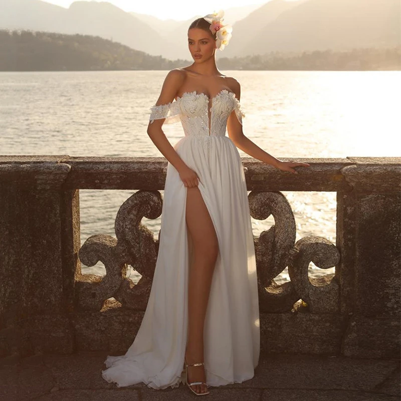 

Lace Chiffon Beach Wedding Dress with Side Split Off the Shoulder Sexy Illusion Bodice Boho Wedding Gowns 2023