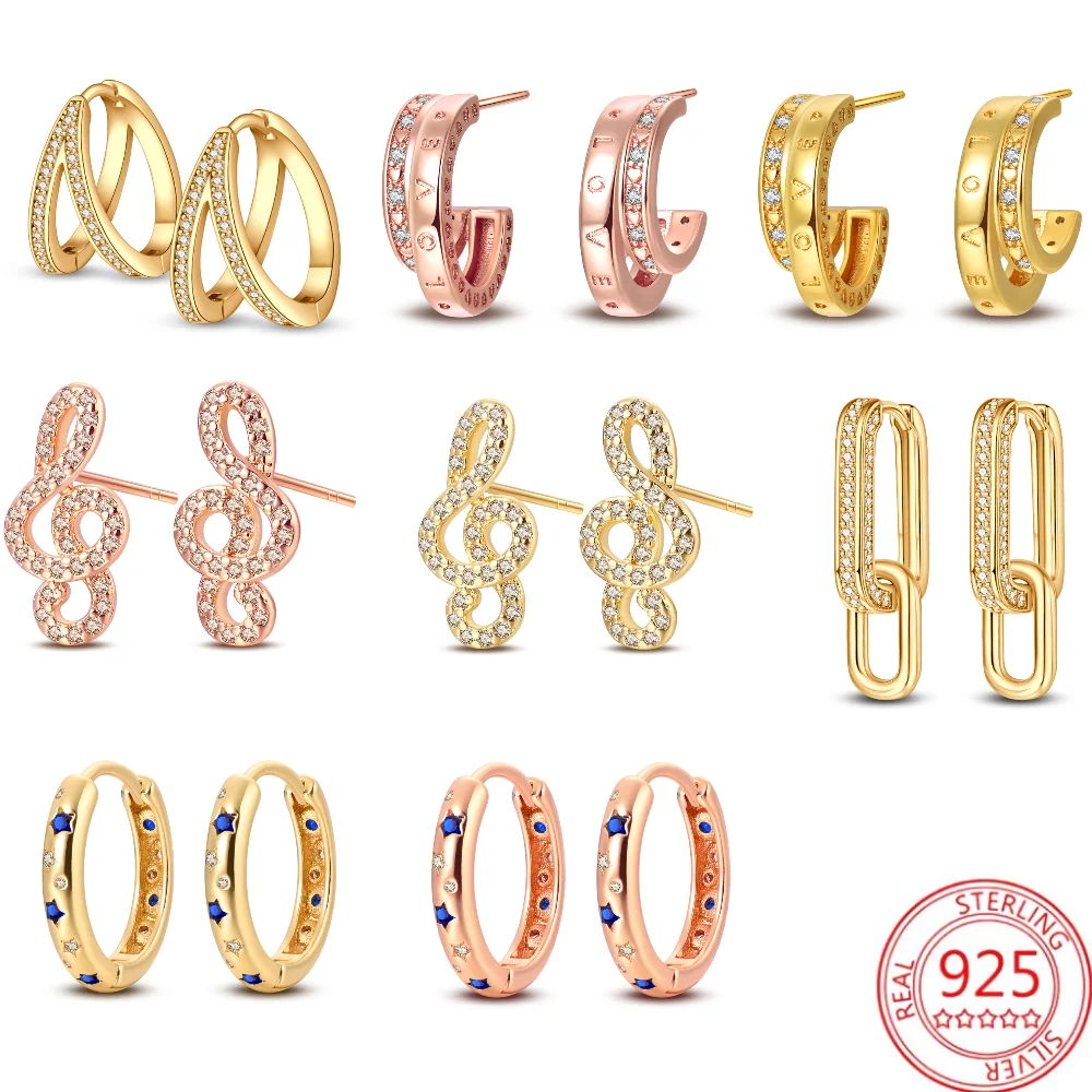 Orecchini Alla Moda In Argento Sterling S925 Premium Gold & Rose Gold Star Note Con Fibbia Quadrata Accessori Regalo Per L'Anniversario Delle Donne