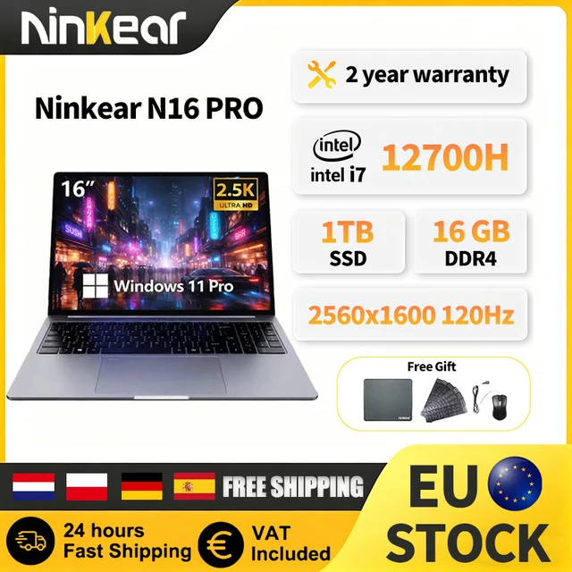Ordinateur portable Ninkear N16Pro 16 pouces 2.5K 120Hz Intel Core i7-12700H 16 Go de RAM 1 To SSD WiFi 6 Ordinateur de bureau Windows 11 1