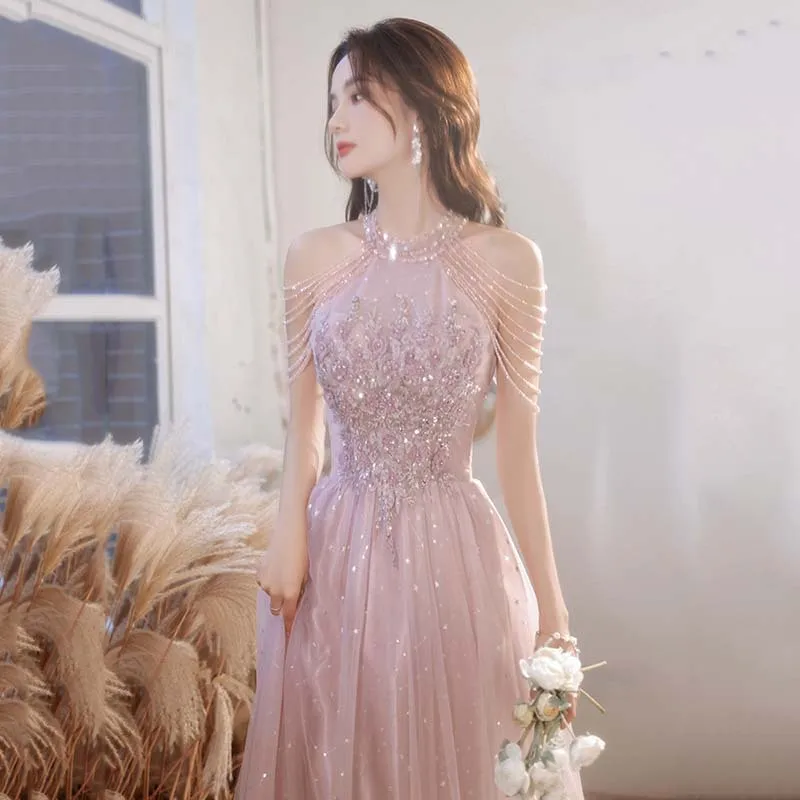 

Pink Sparkly Elegant Dresses for Women Evening Dress Appliques Beading Robe Formal Prom Party Long Luxury Special Occasion Dress