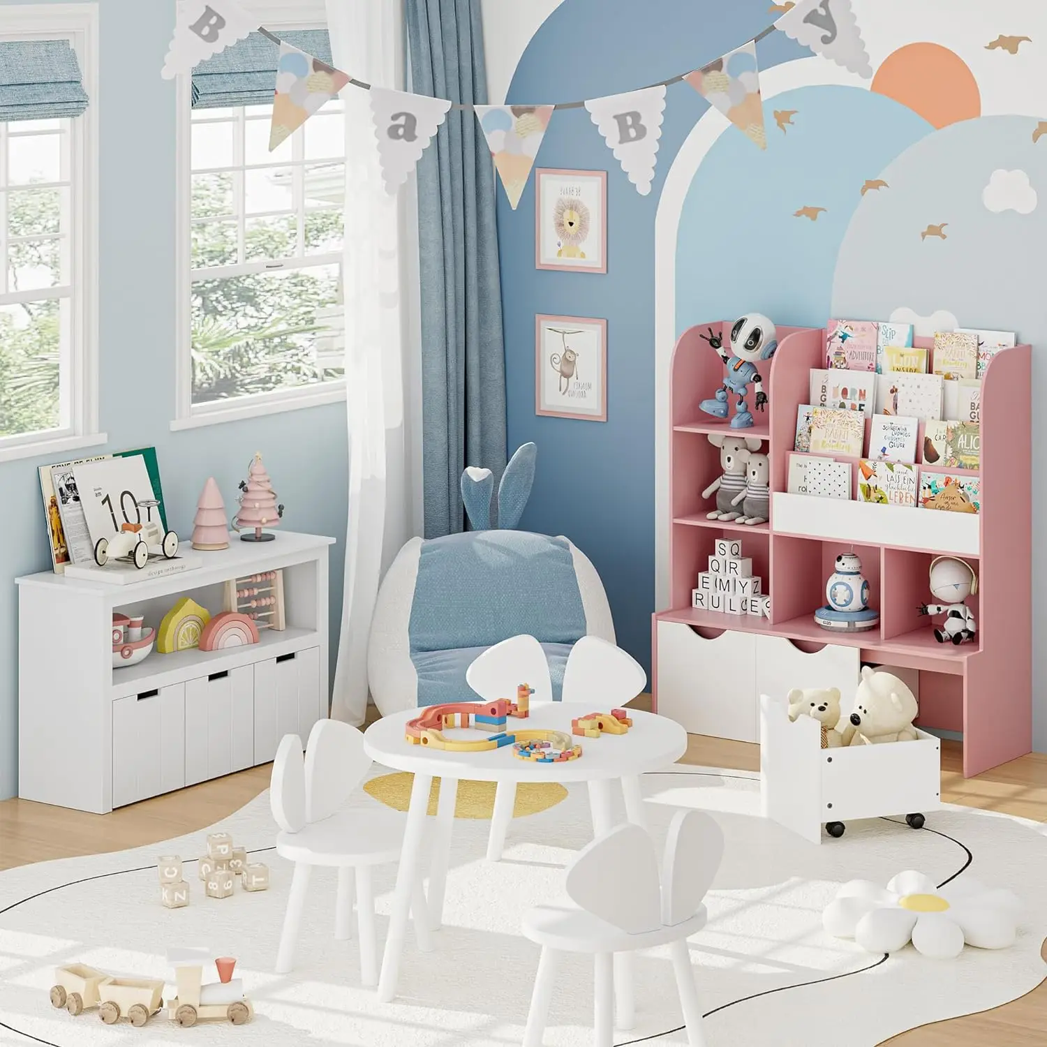 Kids Bookcase and Bookshelf Multifunctional Bookcase with 5 Storage Cubbies and 3 Movable Drawers Organizer 47"