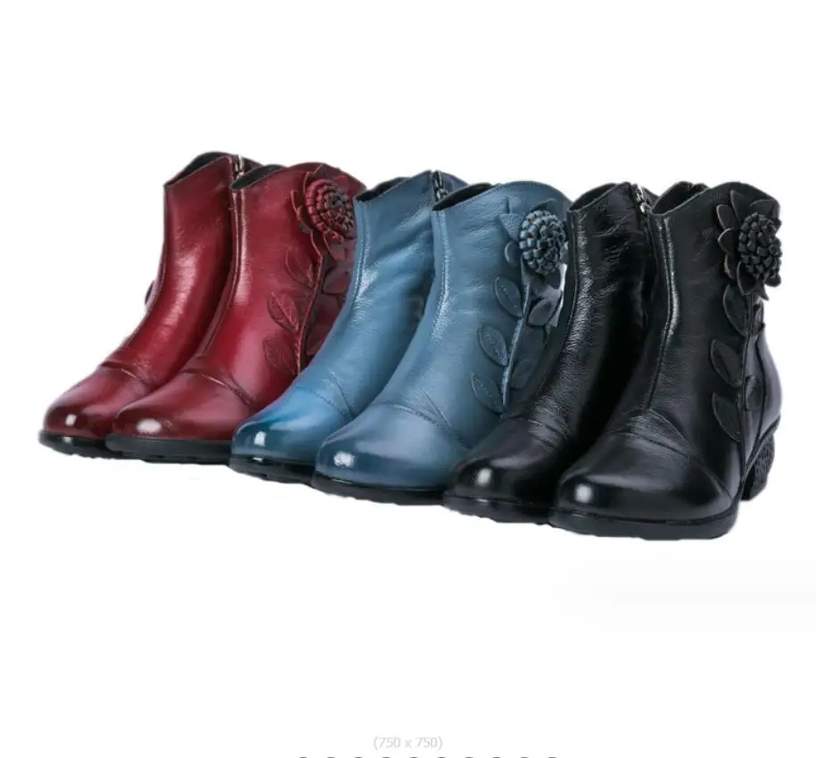 Winter Autumn Genuine Leather Women Boots Vintage Style med heels Boots Plush Soft Cowhide Woman Shoes ladies Ankle Boots Large