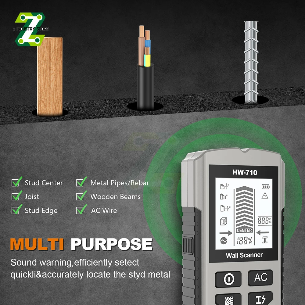 Rilevatore di Montanti Elettronico HW-710, Scanner da Parete con 3 Modalità di Scansione, Rilevatore di Fili Metallici e AC, Schermo LCD per Rilevamento di Legno e Metallo a Parete - immagine 2