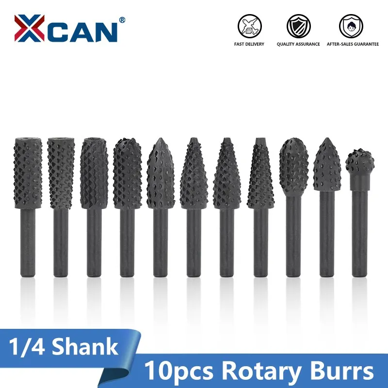 XCAN 1/4'' Shank Rotary Burr Set Grinder Rasp File Carpentry Cutting Tools DIY Drill Bit Set Woodworking Carving Tool 10PCS