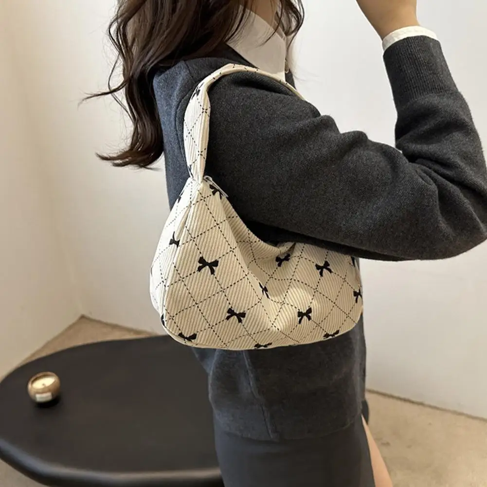 Bow Pattern Niche Design Handbag Corduroy Handbag Casual Women's Underarm Bags Shoulder Bag Shopping Commuter Tote Bags