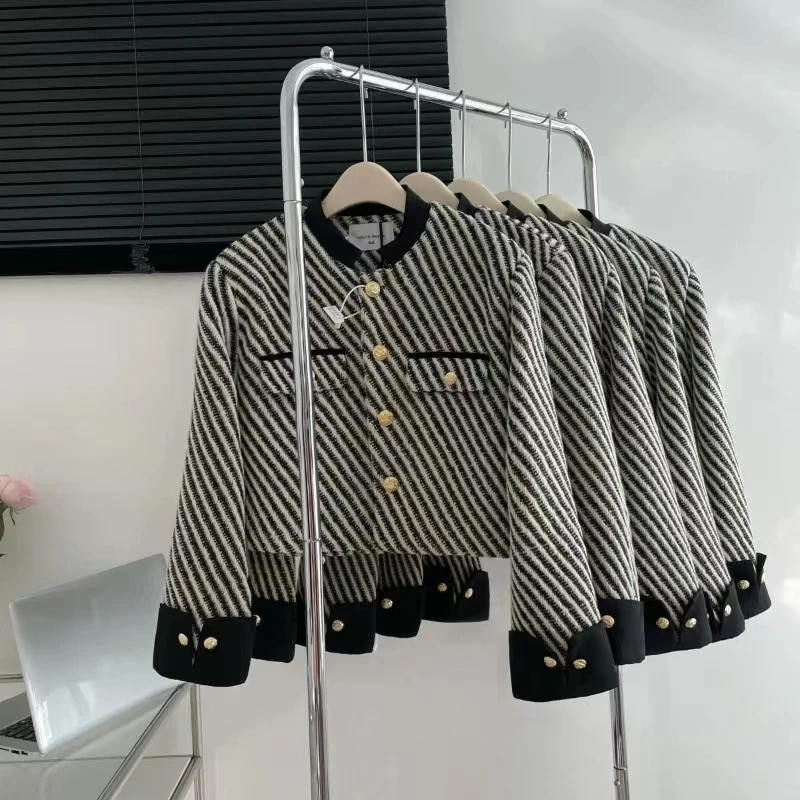 Autumn Winter Women Jacket Cropped Tweed Coat Korean Vintage Stripes Coat Stand Collar Long Sleeve Casual Chic Tops New Clothes